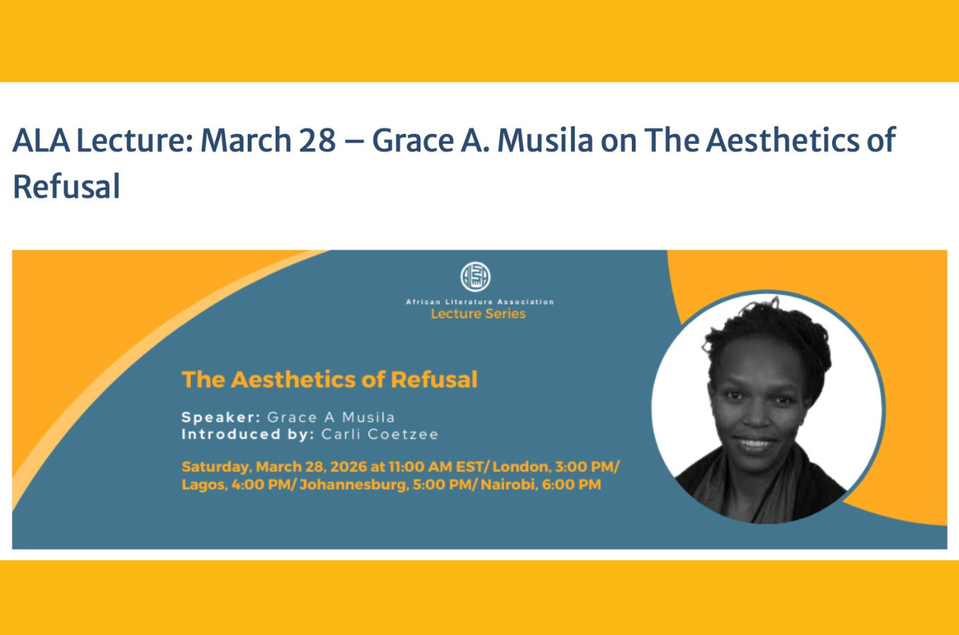 African Literature Scholar Grace A. Musila Will Lecture on the Aesthetics of Refusal in a Free ALA Event|  March 28